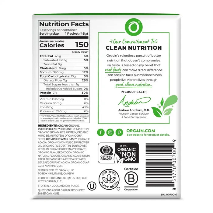 back view of Orgain organic protein powder chocolate flavor in 10-pack single serve size