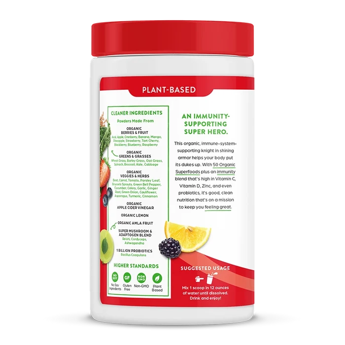 Left side of Superfoods + Immunity Up! Powder Honeycrisp Apple Flavor in the 9.9oz Canister Size