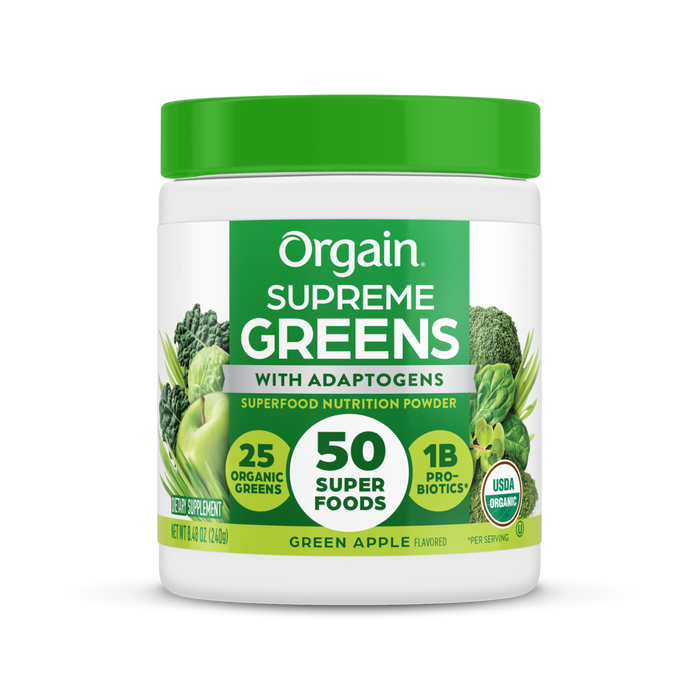 Front of Supreme Greens - Green Apple  Flavor in the 0.53lb Canister Size