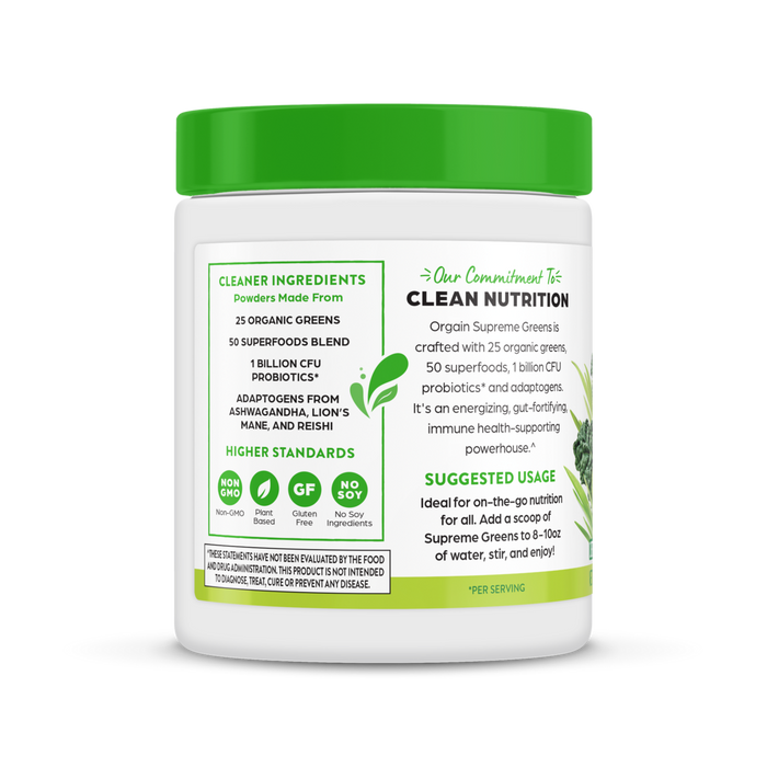 Left side of Supreme Greens - Green Apple  Flavor in the 0.53lb Canister Size