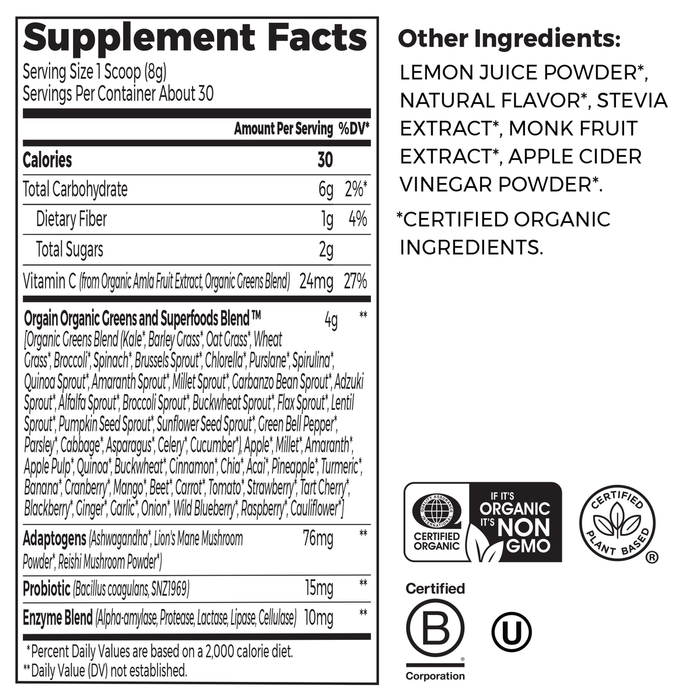 Nutrition fact panel and list of ingredients of Supreme Greens - Lemon Twist  Flavor in the 0.53lb Canister Size