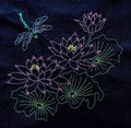 Sylvia Pippen pre-printed sashiko cotton panel Black Lotus & Dragonfly