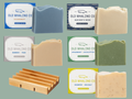 A set of 5 soaps on a light green background