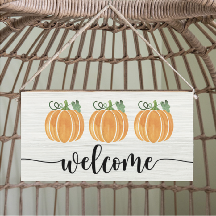 Three Pumpkins twine hanging sign — fall and Thanksgiving home decor