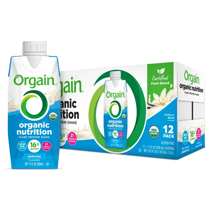 Single and case of Vegan Organic Nutrition Shake vanilla bean Flavor in the 12 Shakes Size