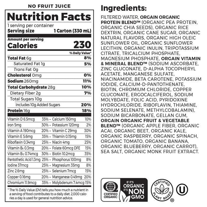 Nutrition Fact Panel and List of Ingredients for Vegan Organic Nutrition Shake in Vanilla Bean flavor