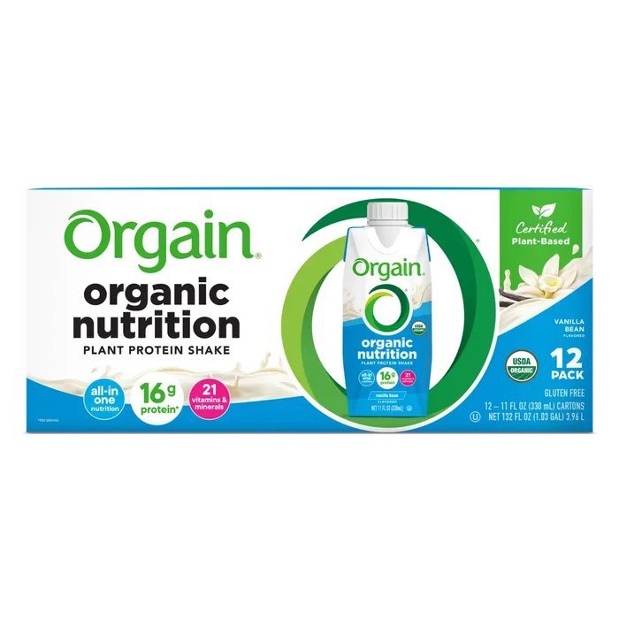 Front of Vegan Organic Nutrition Shake in vanilla bean Flavor in 12 pack size