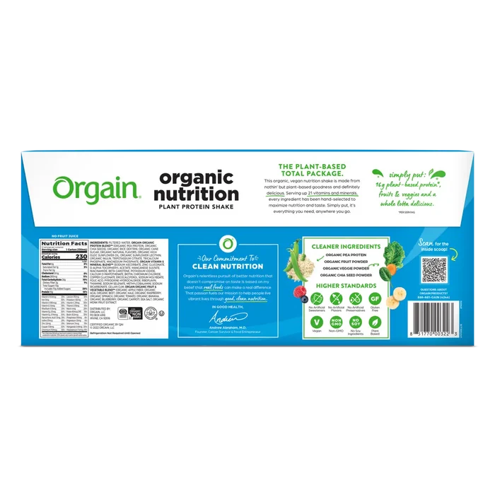 Back of Vegan Organic Nutrition Shake in Vanilla Bean Flavor in 12 pack size