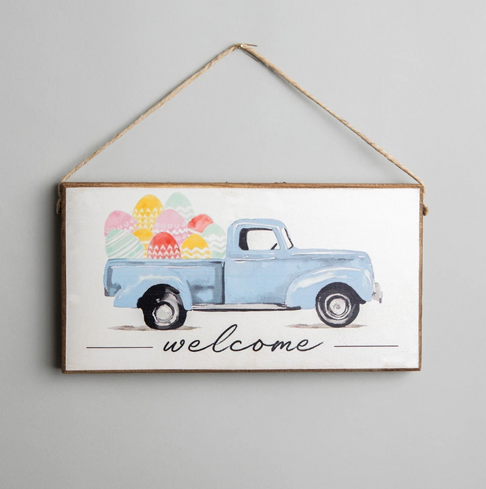 Welcome Egg Truck hanging sign — spring and Easter home decor