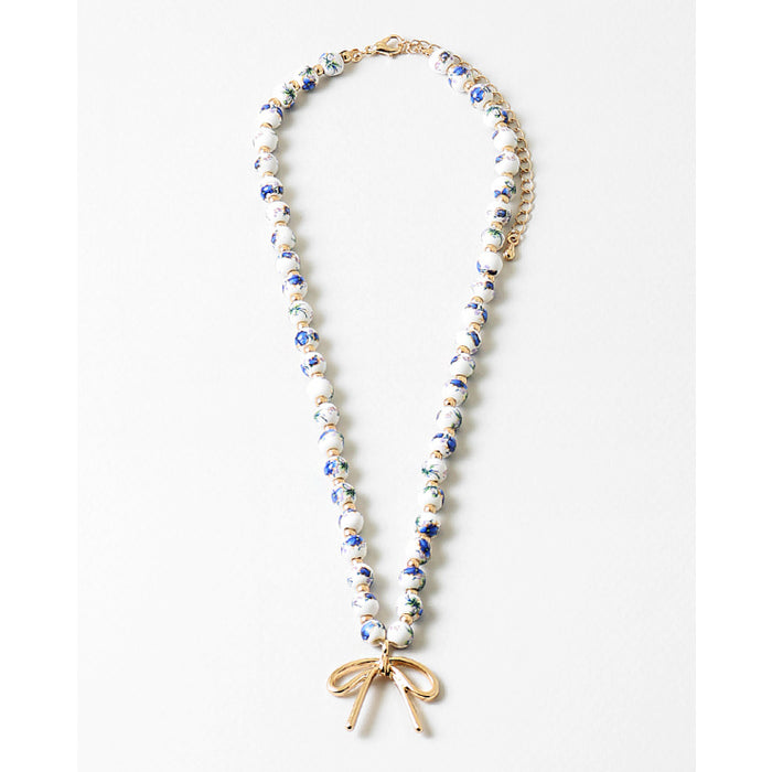 White & Blue Ceramic Bead Gold Bow Necklace