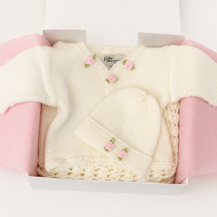 White Hand Knit Sweater with Pink Rosettes