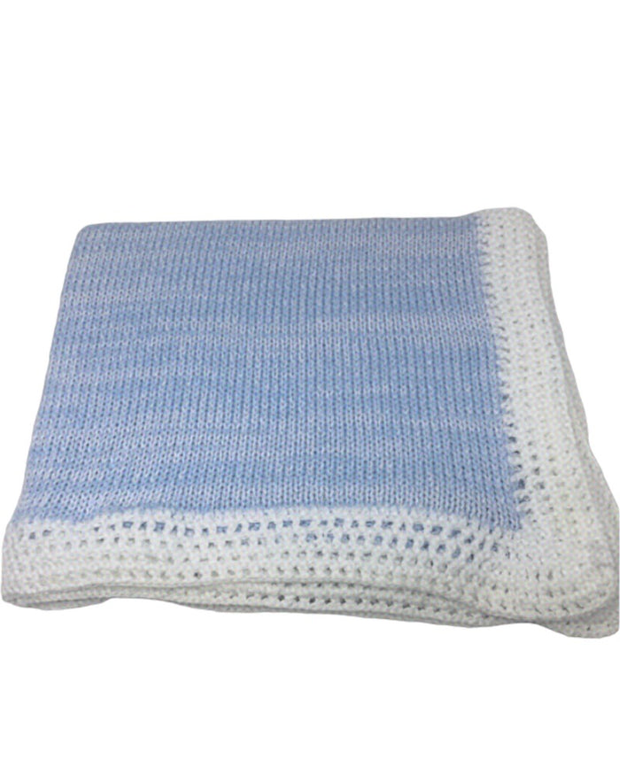 White trim light blue tweed hand knit blanket — luxury baby shower gift